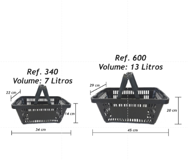 Cesta MINI REF 340, de 34 por 22 por 14 cm e 7 litros, ao lado da cesta tradicional REF 600, de 45 por 29 por 20 cm e 13 litros, com as medidas indicadas em cada uma.